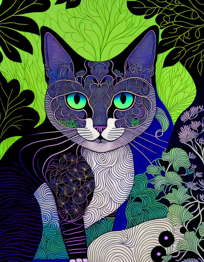 Vivid Stylized Cat Artwork with Green Eyes and Floral Background