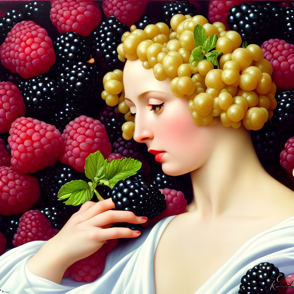 Surreal portrait of woman with grape-like hair and raspberries, holding mint sprig