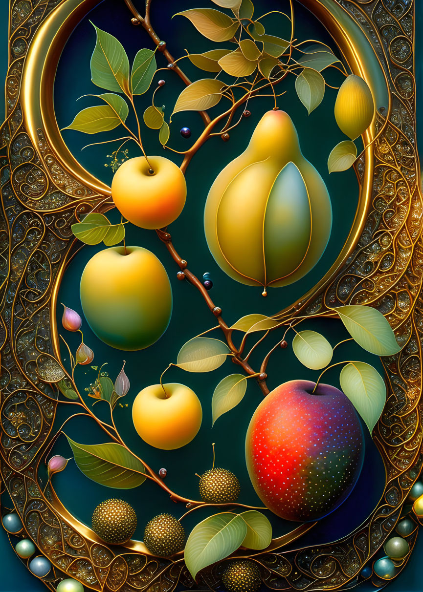 Colorful Fruit and Leaf Artwork with Golden Patterns on Teal Background