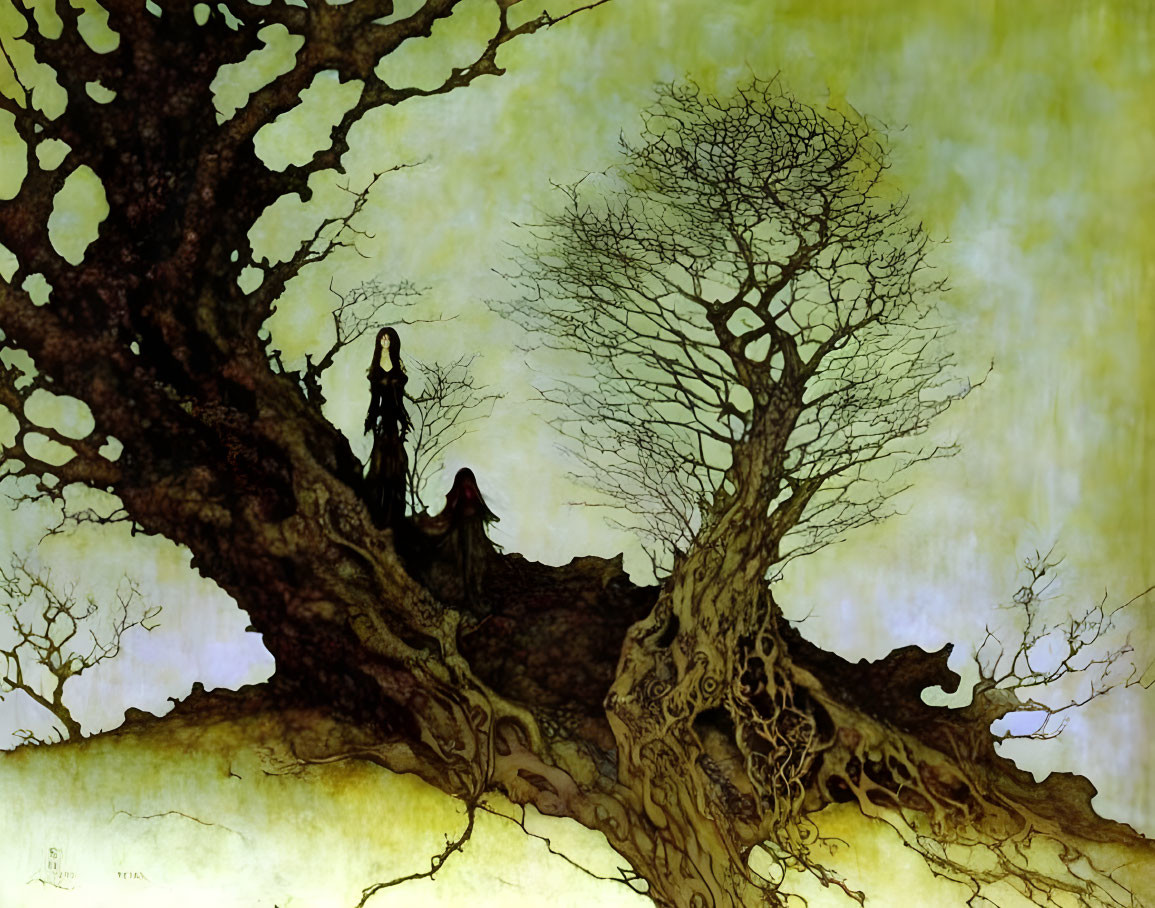 Fantasy illustration: Cloaked figures under gnarled trees on yellow-green background