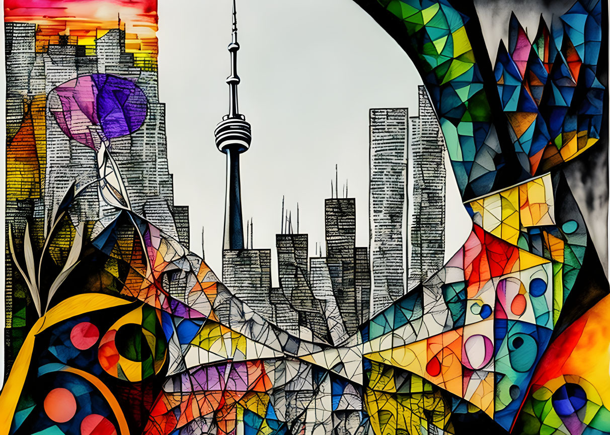 Colorful Abstract Artwork of Stylized City Skyline & Tower