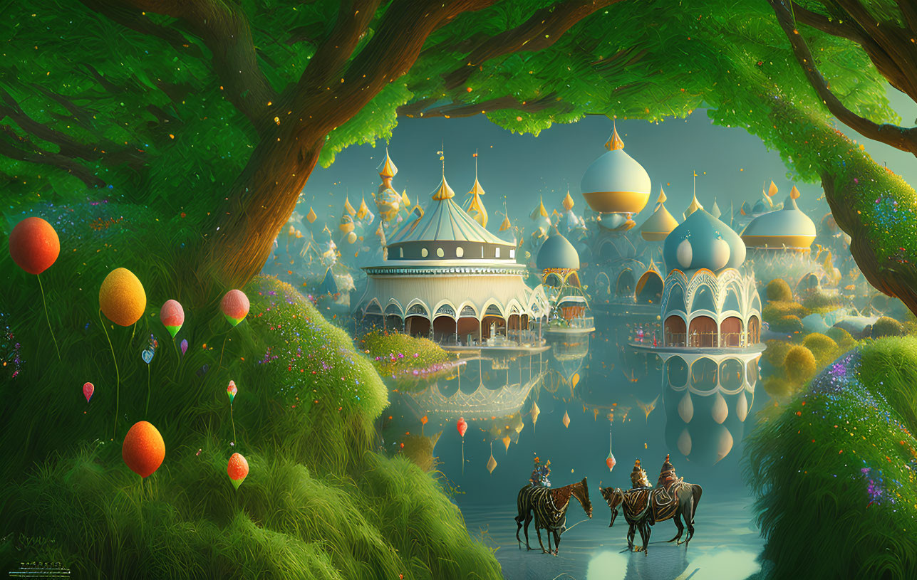 Fantastical landscape with majestic palace, reflective water, horse-drawn carriage, vibrant flora, and