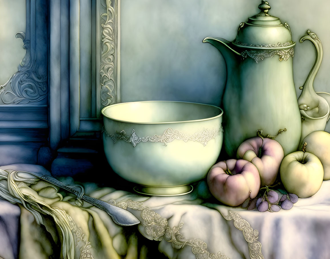 Vintage Still-Life Image with Teapot, Bowl, Fruit, and Draped Fabric