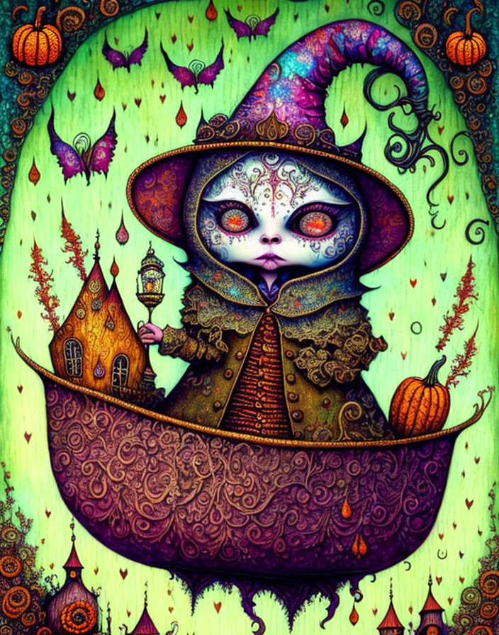 Illustrated witch character with lantern in cauldron among pumpkins