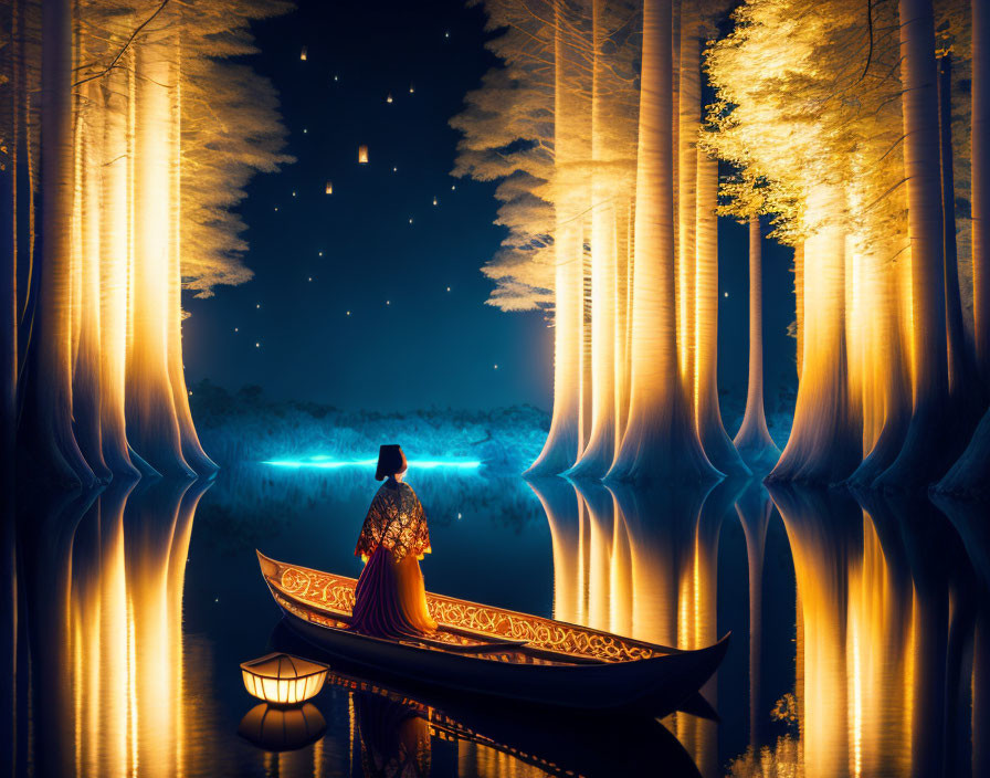 Person in traditional attire on glowing boat in surreal mirrored forest