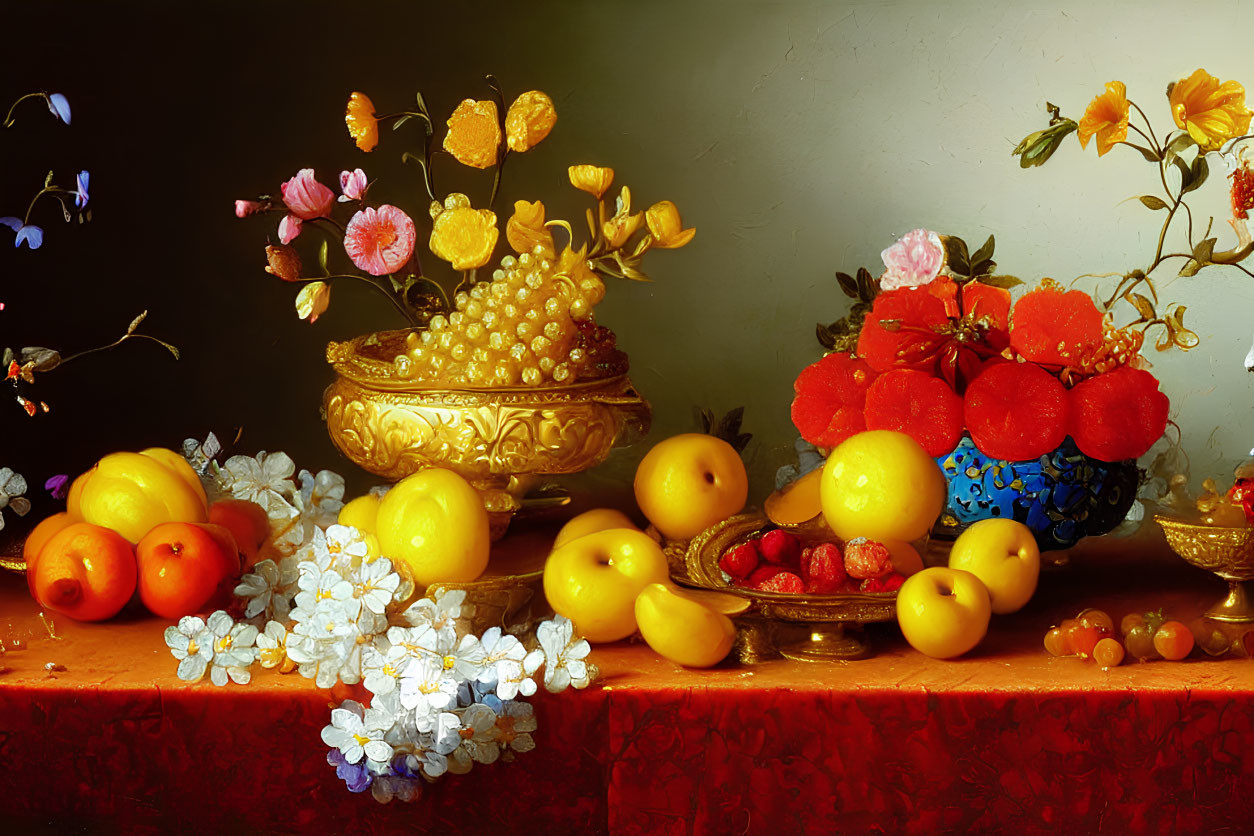 Colorful still life painting with golden bowl, grapes, fruits, and flowers on red surface