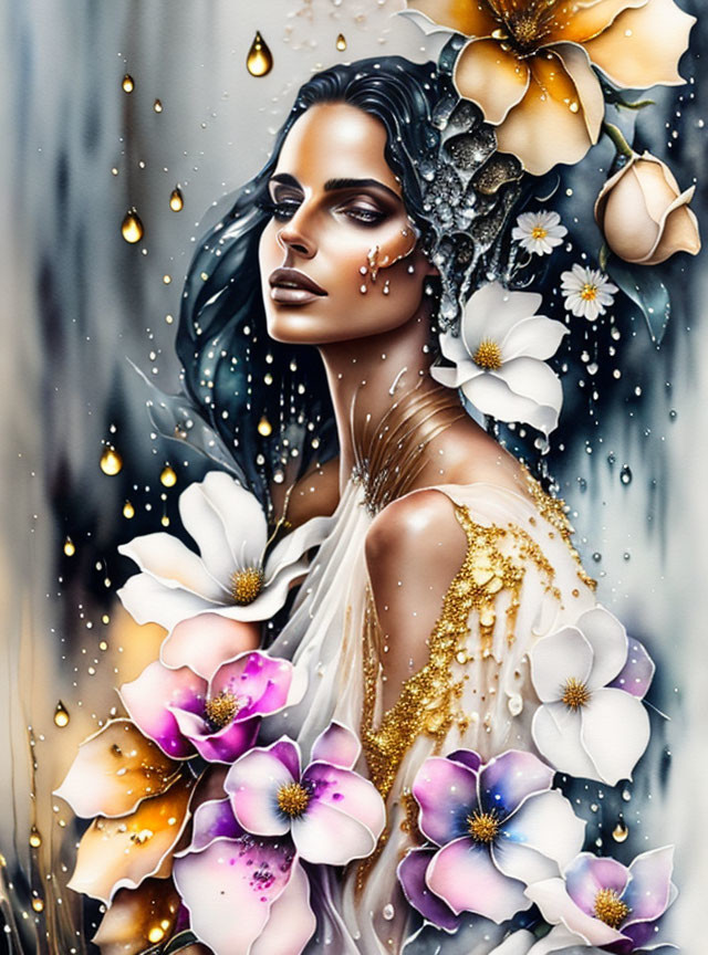 Stylized portrait of woman with dark hair and vibrant flowers against glistening raindrops