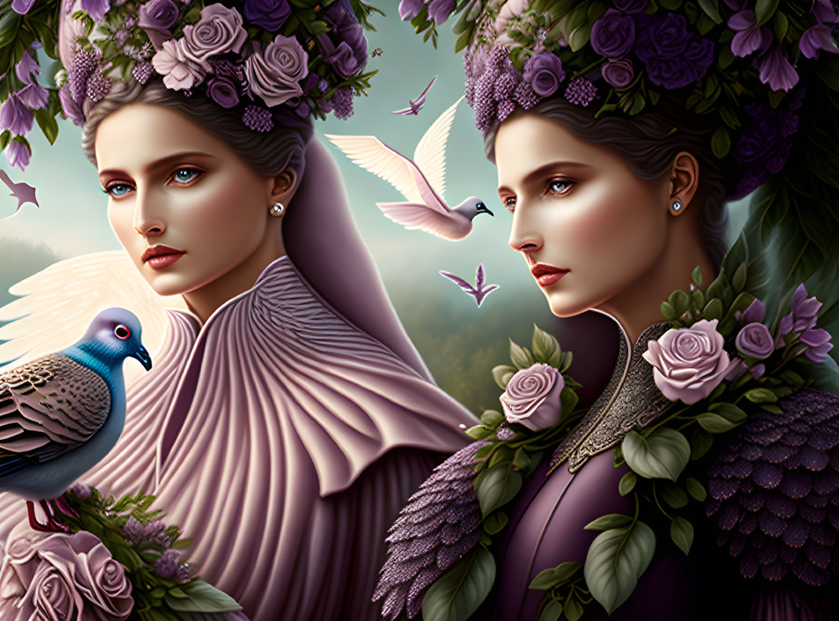 Ethereal women with floral headdresses and birds on green background