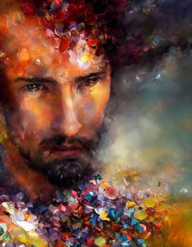 Colorful impressionistic painting: Bearded man's face with flower petals.