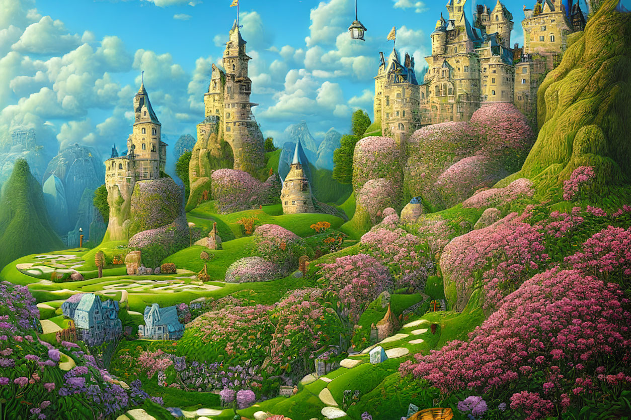 Whimsical castles in lush fairytale landscape