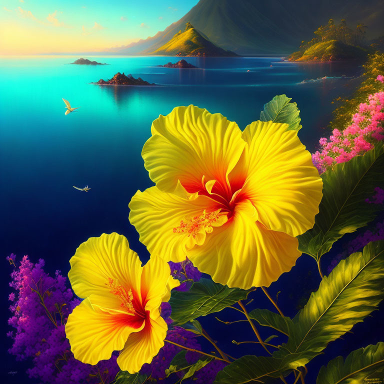 Yellow Hibiscus Flowers Against Ocean Backdrop with Mountains at Sunrise/Sunset