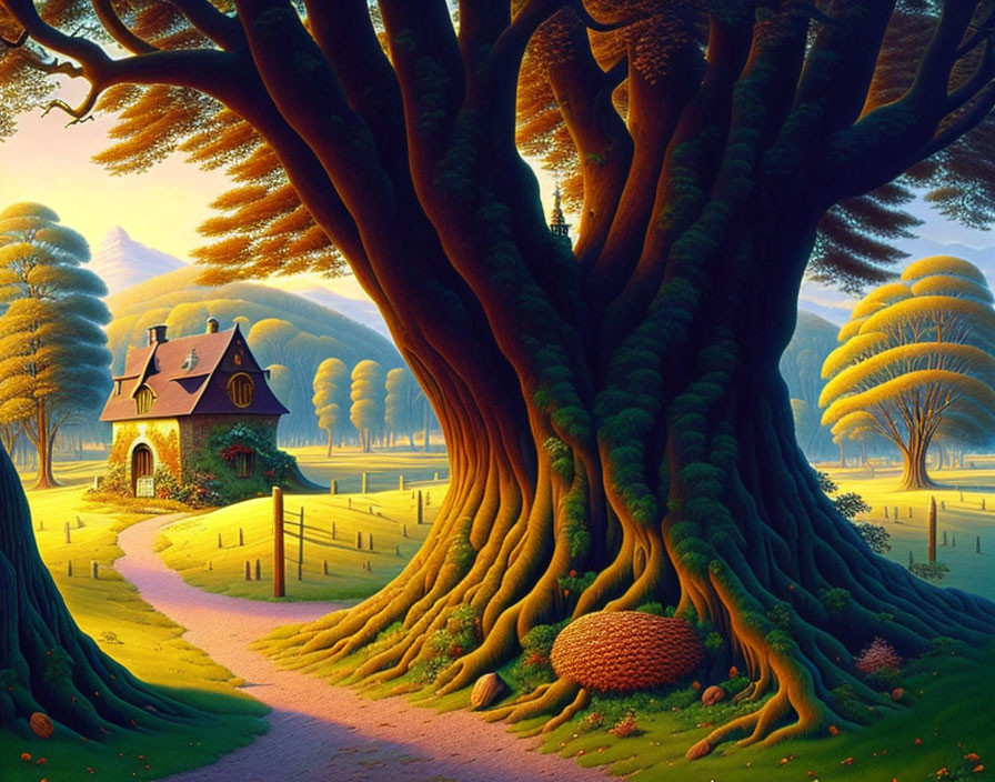 Massive tree, winding path, quaint house in a serene fantasy landscape