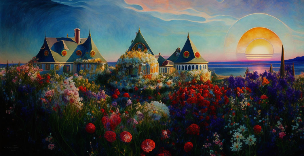 Colorful painting: houses, garden, flowers under sunset sky