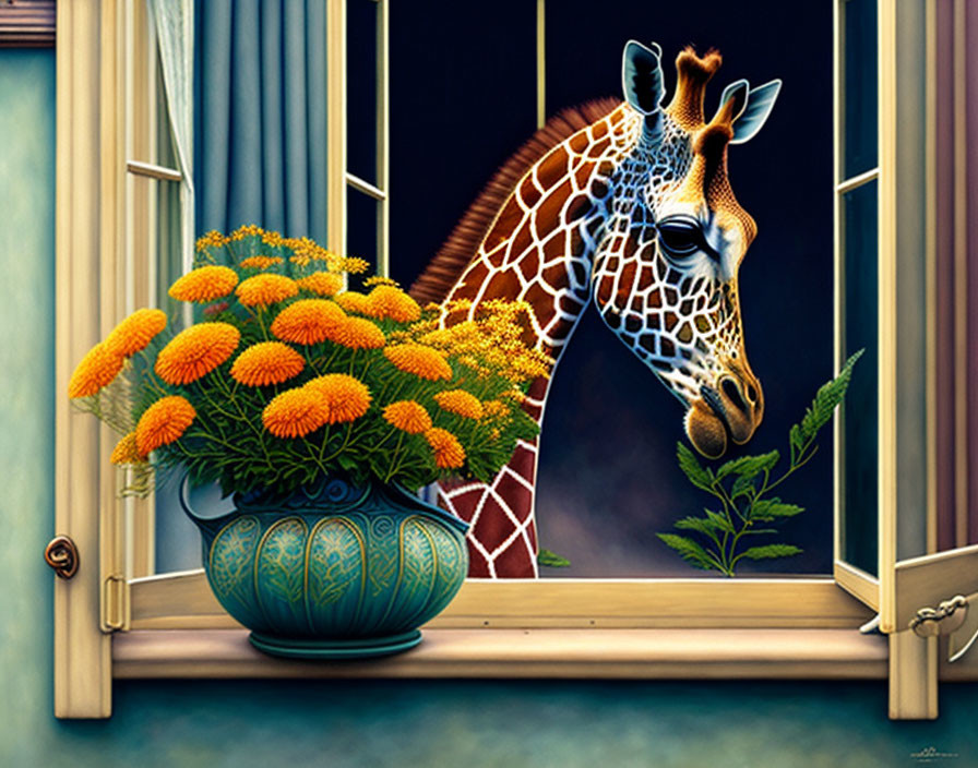 Giraffe peeking through window next to blue vase with orange flowers