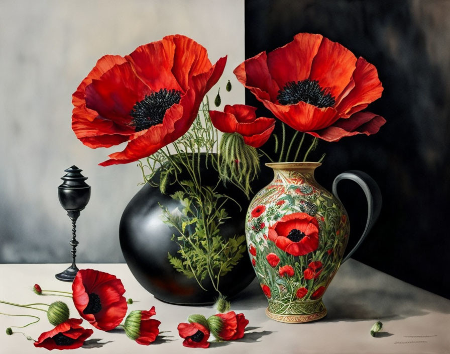 Vibrant red poppies in decorated vase with black sphere and candlestick