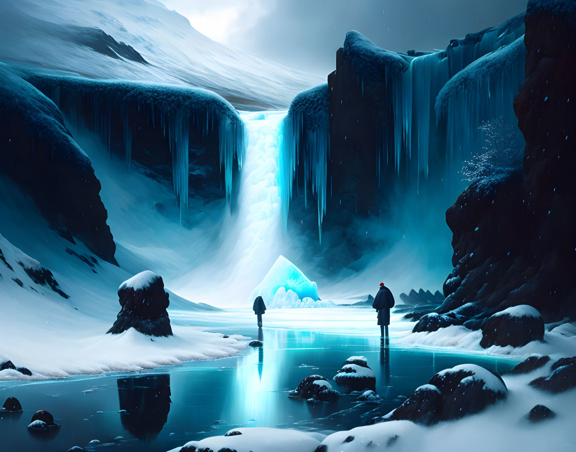 Serene icy landscape with frozen waterfalls and blue pyramid