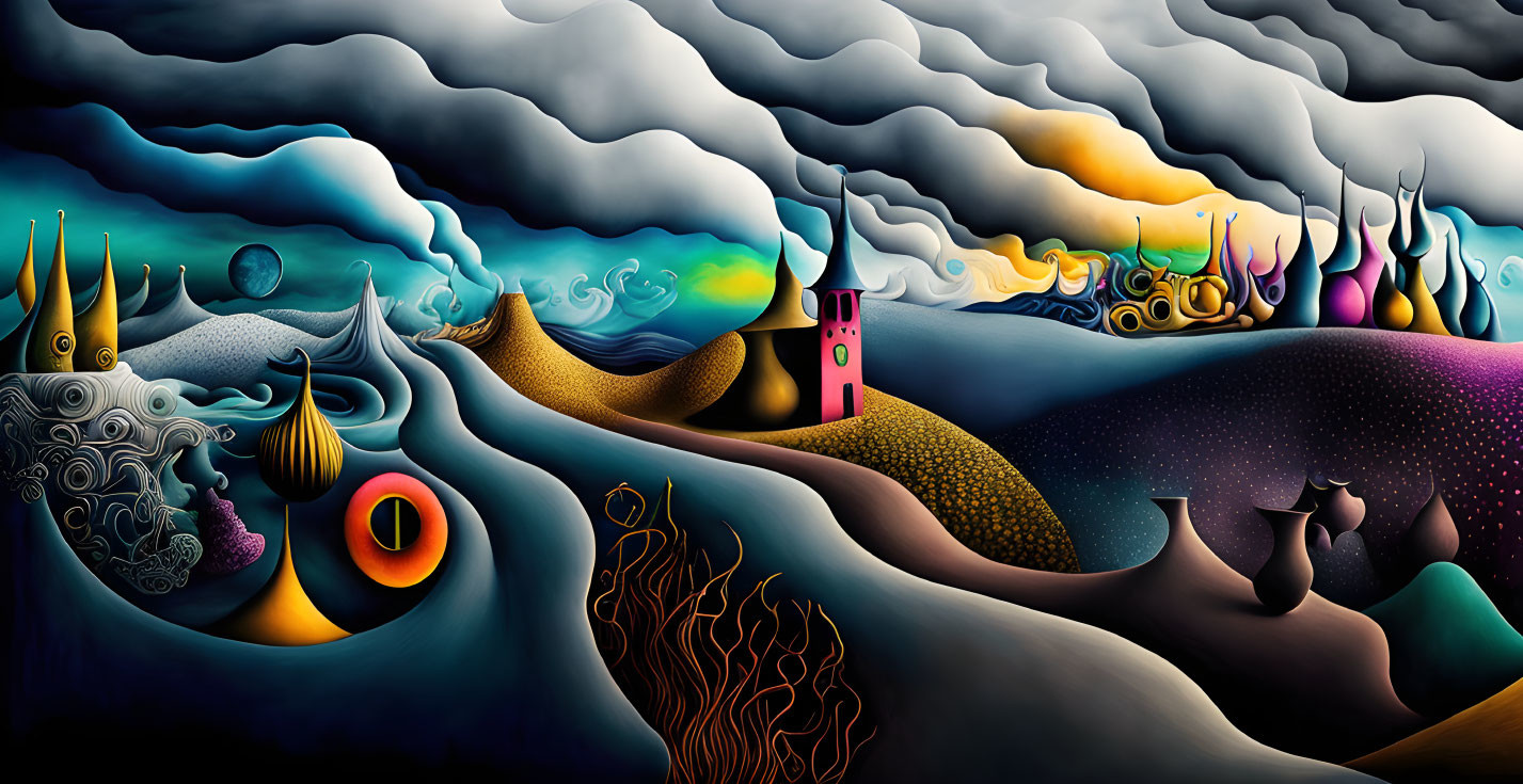 Surrealist landscape with undulating hills and vibrant sky