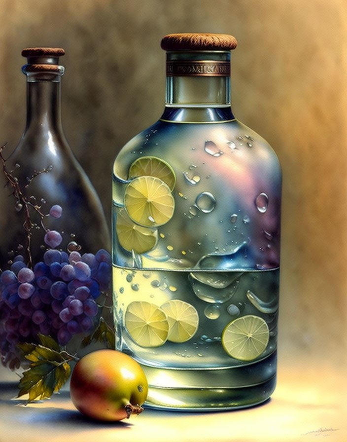 Transparent water-filled bottle with lemon slices and condensation droplets next to empty glass bottle, grape bunch