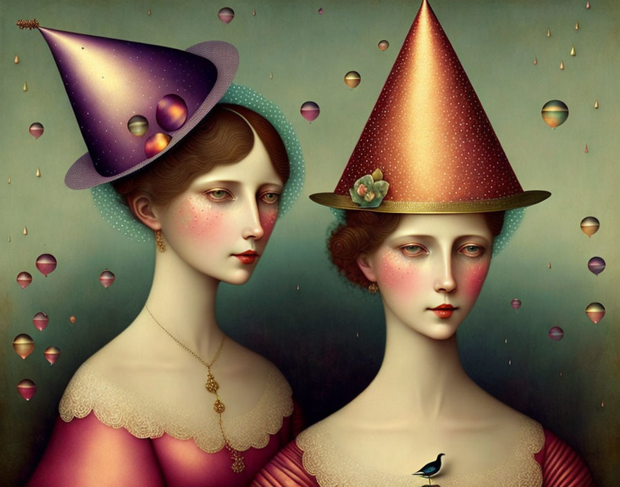 Surreal portrait of two women in cone-shaped hats with celestial and floral motifs