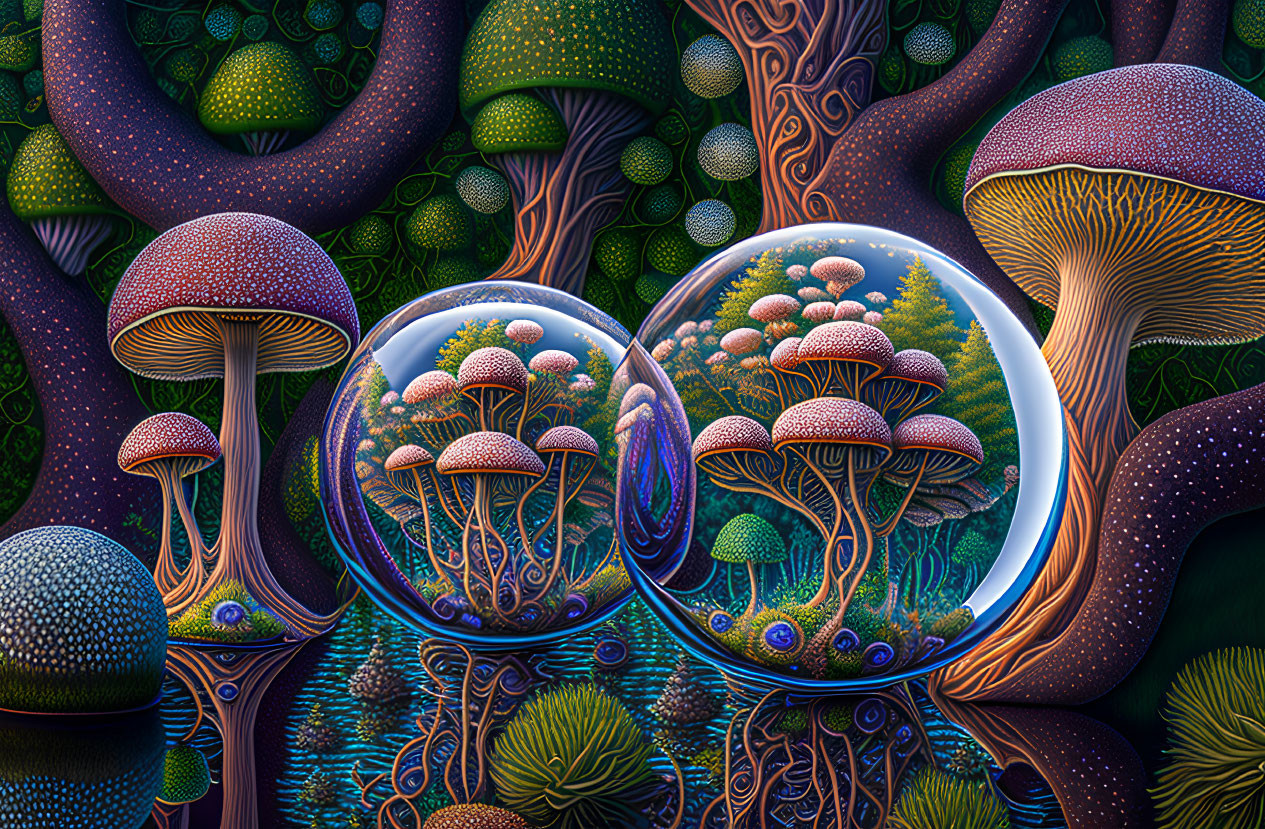 Colorful digital artwork: Mushroom landscape with reflective spheres magnifying flora on textured backdrop