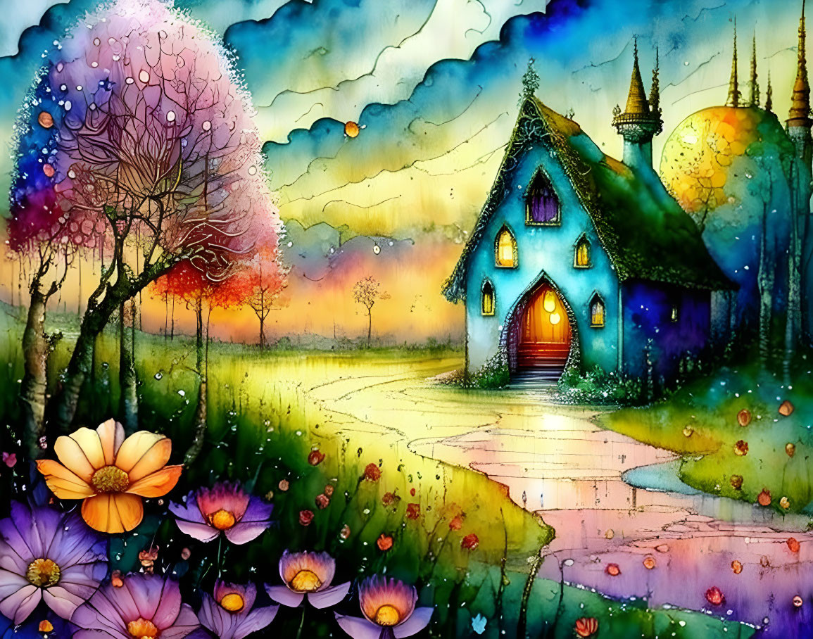 Whimsical watercolor painting of charming cottage in fantastical landscape