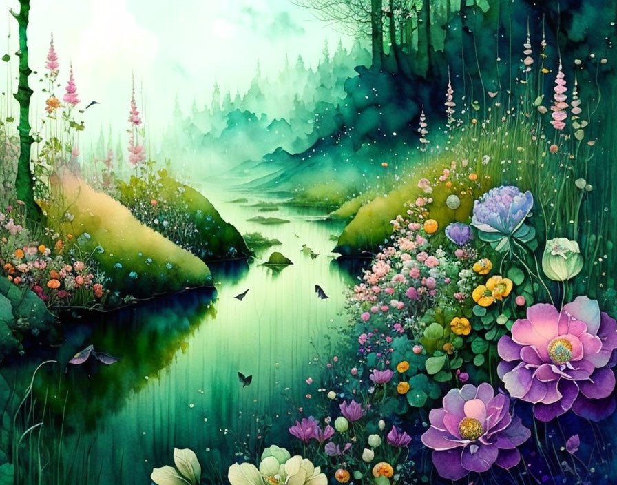 Serene river illustration with lush, flowering banks