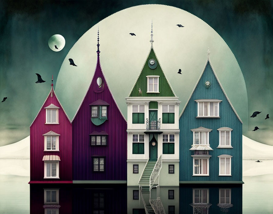 Victorian houses under large moon with birds - Colorful scene!