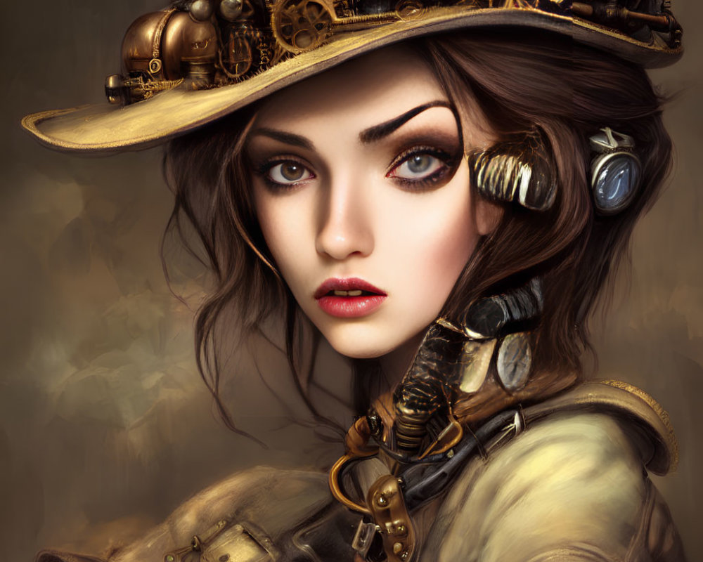 Woman in Steampunk Attire with Mechanical Hat and Earphones