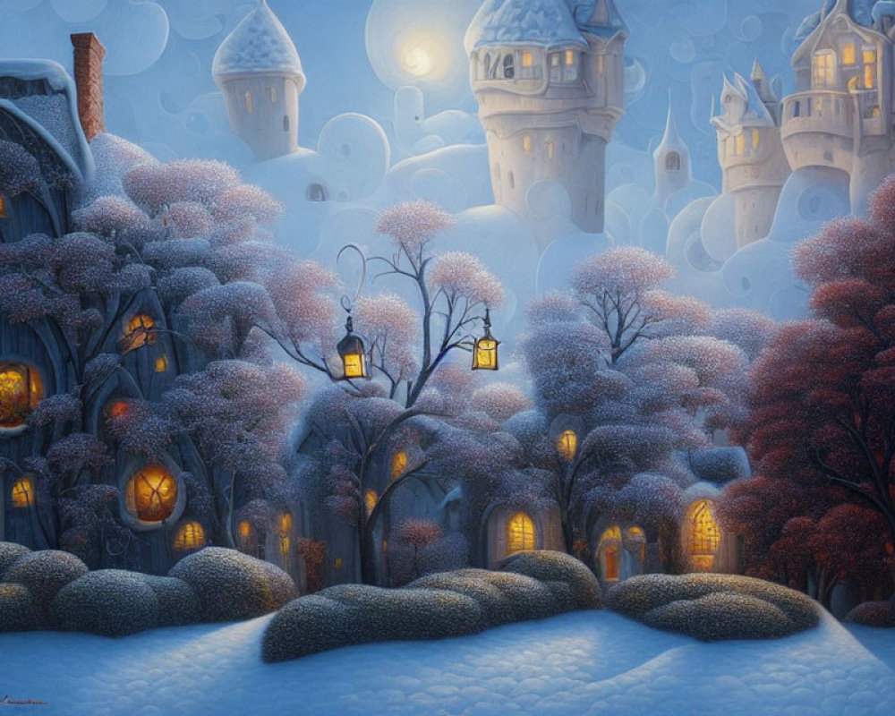 Snow-covered trees, glowing lanterns, and fantasy village under full moon