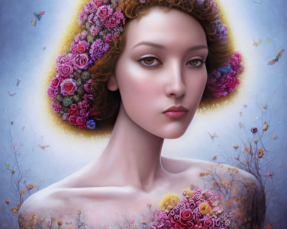 Portrait of Woman with Floral Hair and Bees in Ethereal Setting