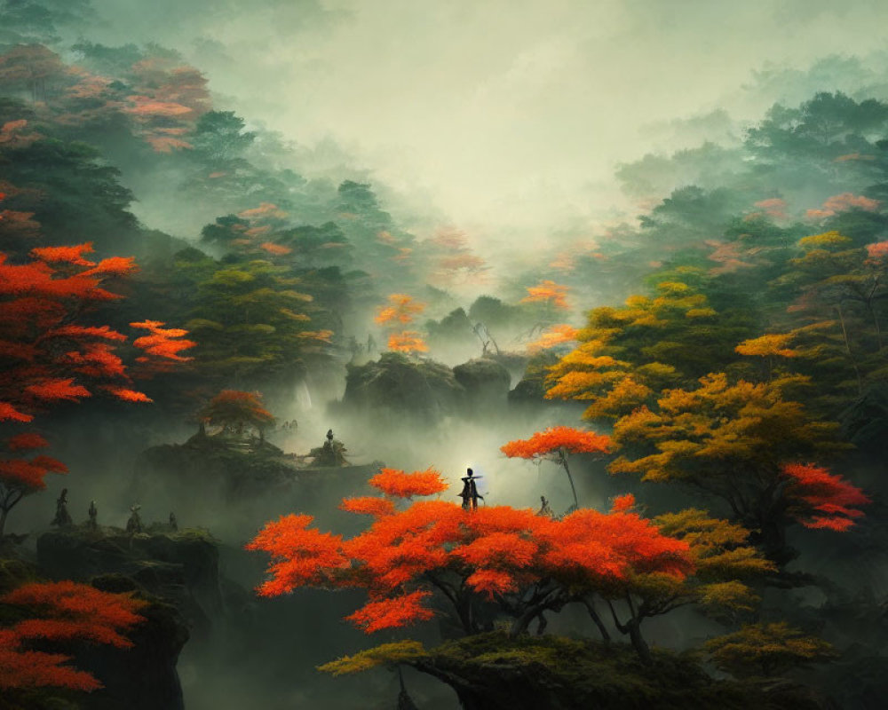 Misty forest with vibrant red and yellow foliage