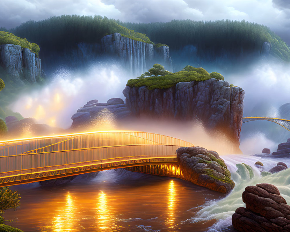 Golden bridges, luminous river, misty waterfalls in a fantastical landscape