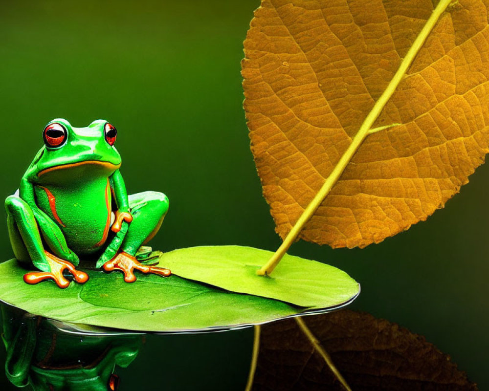 Colorful Frog Sitting on Leaf Against Dark Background