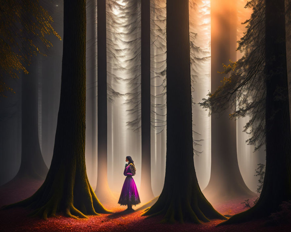 Person standing in misty forest with tall trees and red ground