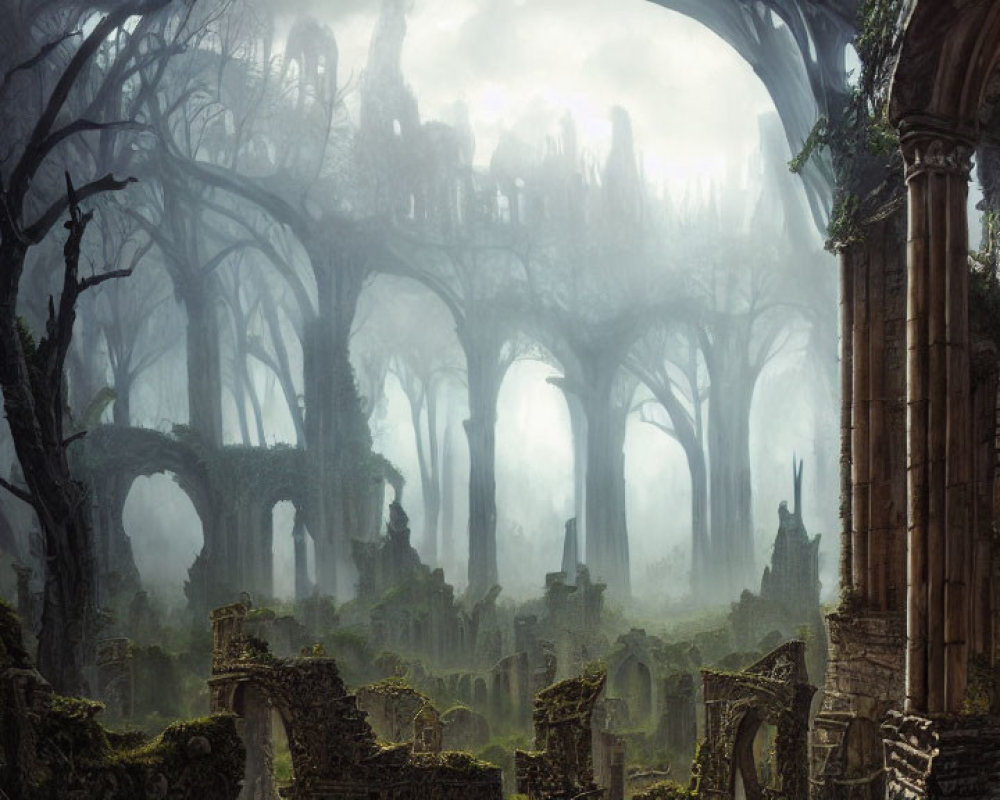 Majestic ancient forest with towering trees and fog among stone ruins