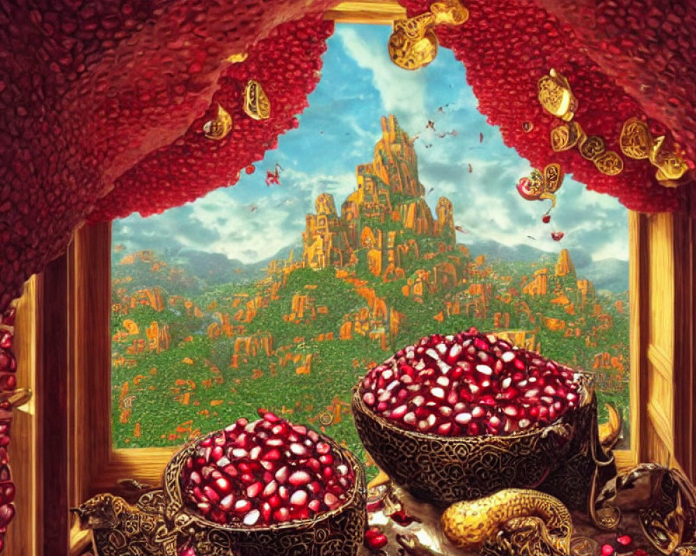 Fantastical scene with jewels, golden snake, and majestic castle in vibrant landscape