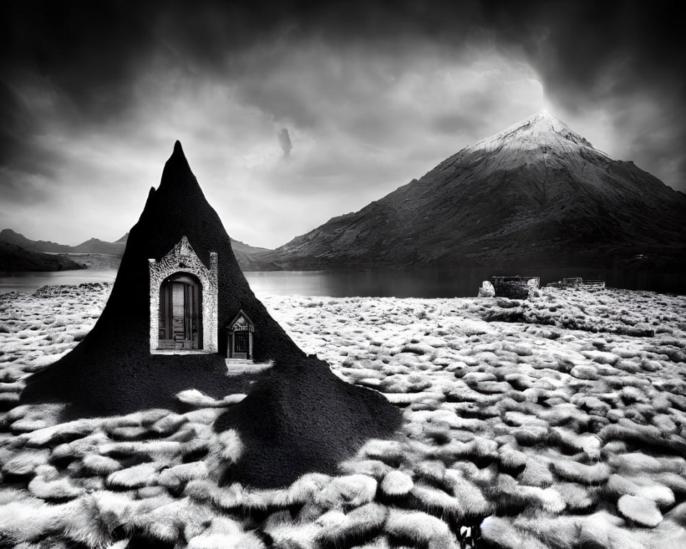 Monochrome surreal landscape with fluffy ground, Gothic window, and looming mountain.