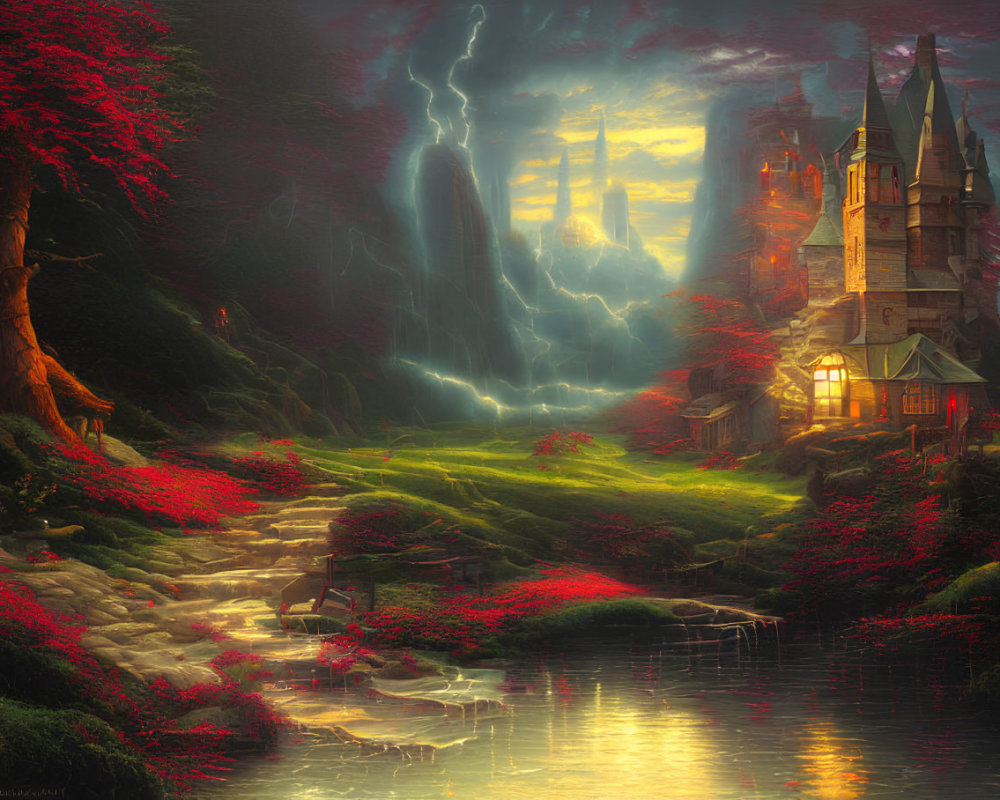 Fantasy landscape with castle, house, red foliage, stream, and lightning strikes