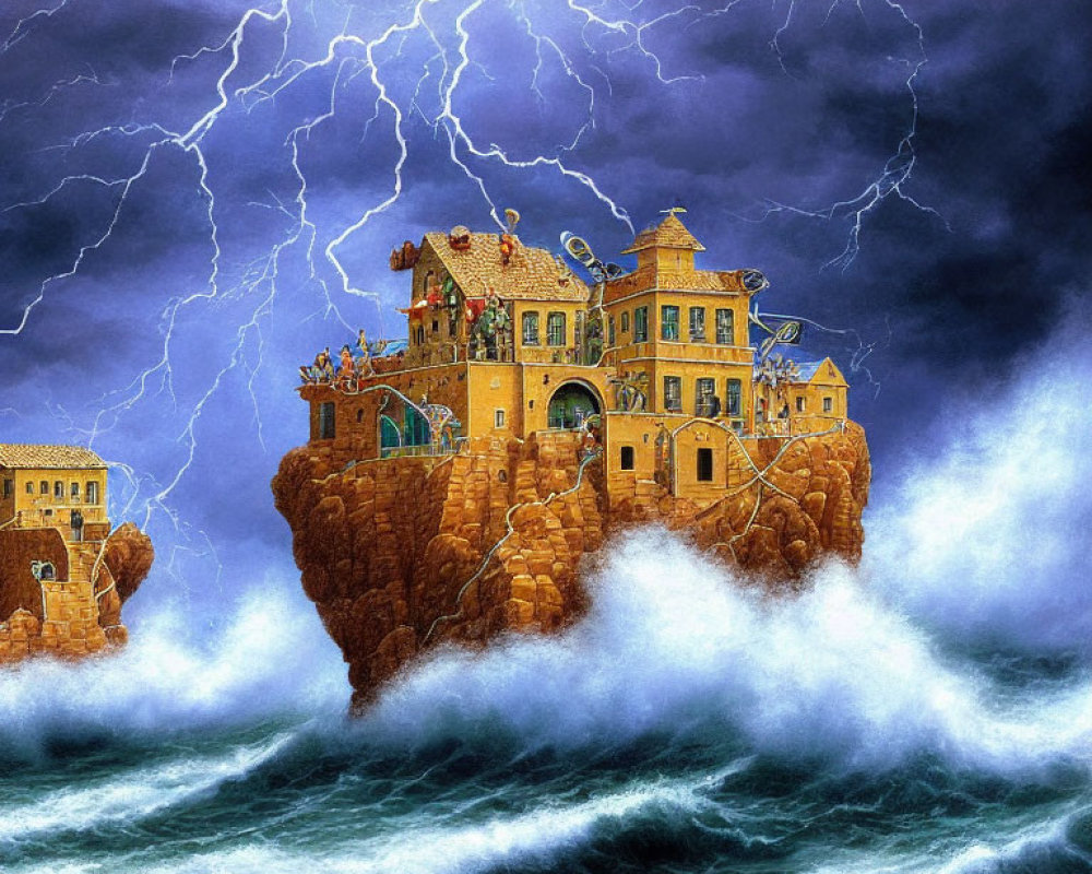 Whimsical house on cliff with stormy seas and lightning.