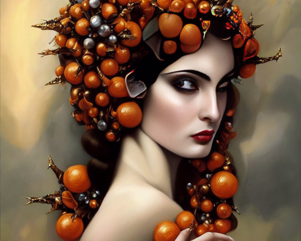 Woman with dramatic makeup in ornate autumnal fruit headdress