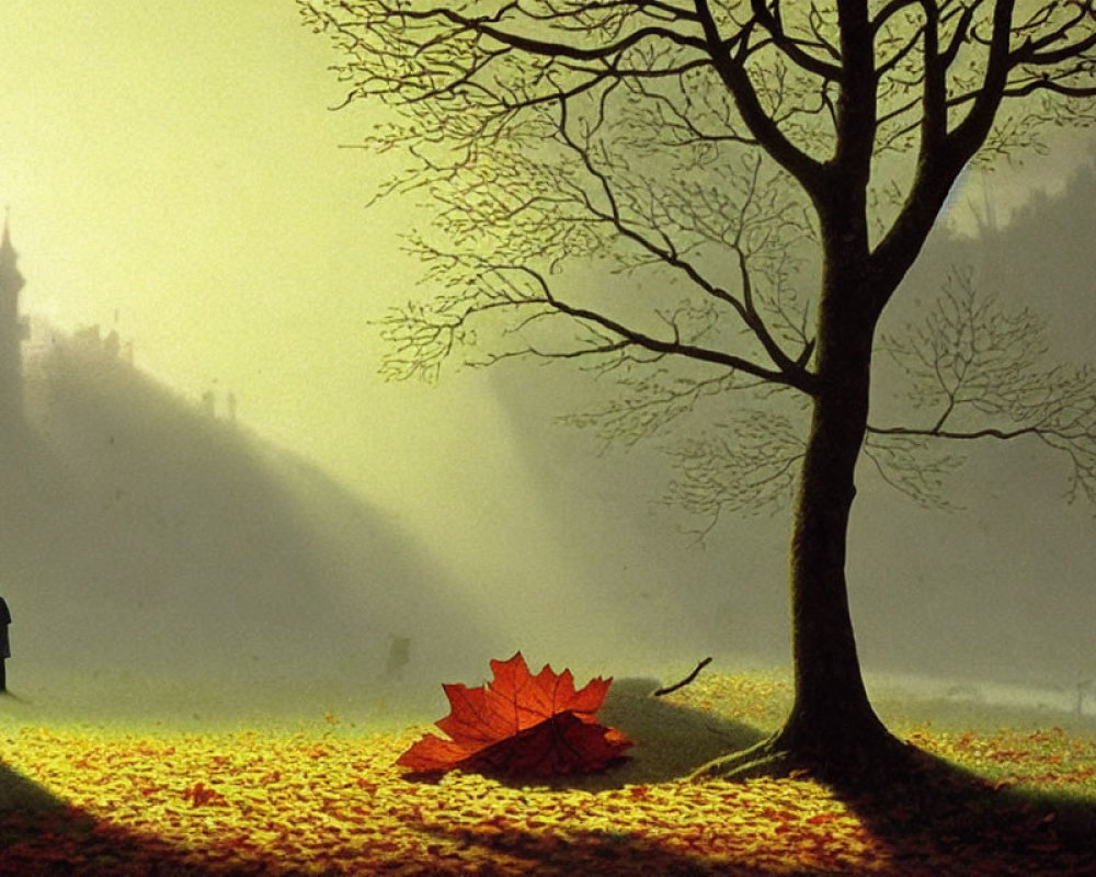 Solitary figure under tree with umbrella amid golden leaves and fallen leaf, sunlight on misty castle.