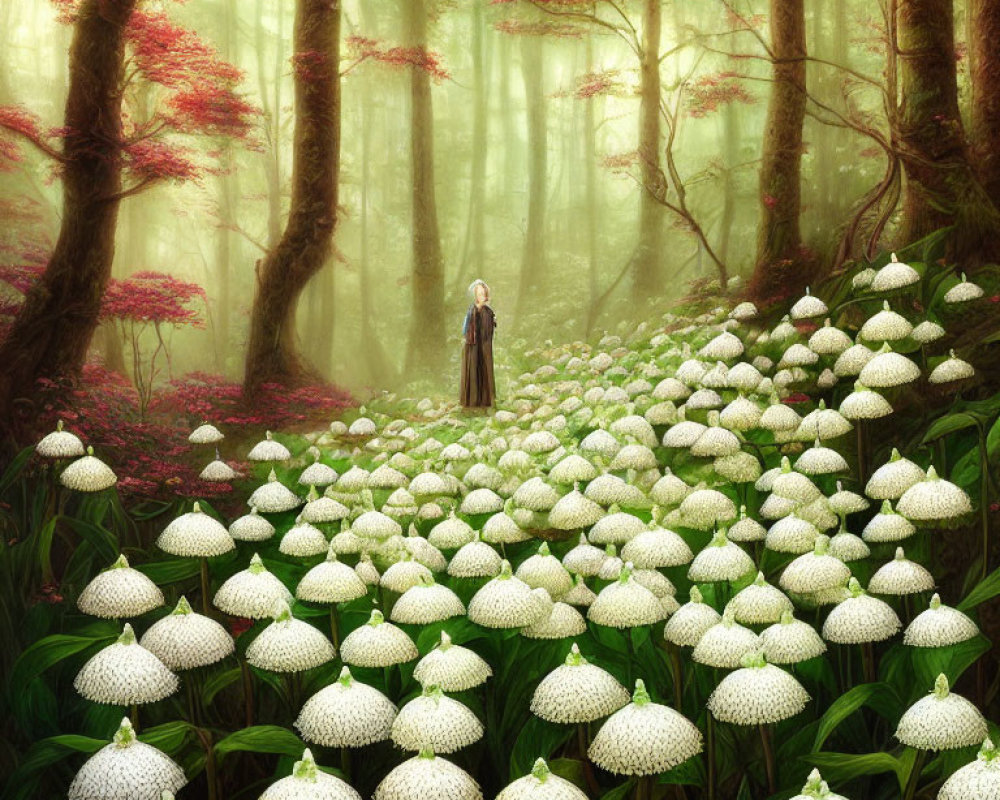 Person standing in mystical forest with white flowers and red-leafed trees in soft fog.