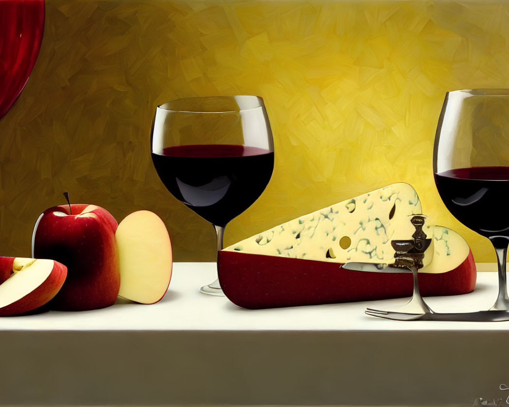 Red Wine Glasses, Apples, Cheese, and Mouse Knife on Table