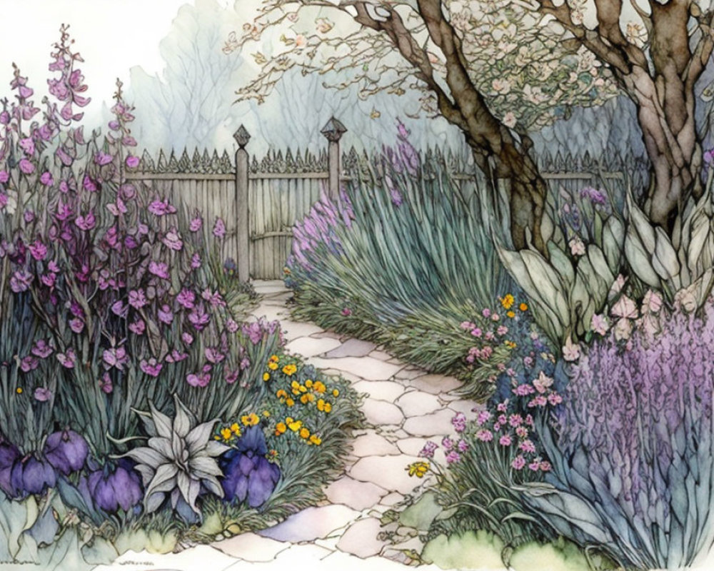 Tranquil Watercolor Garden Path with Purple and Yellow Flowers