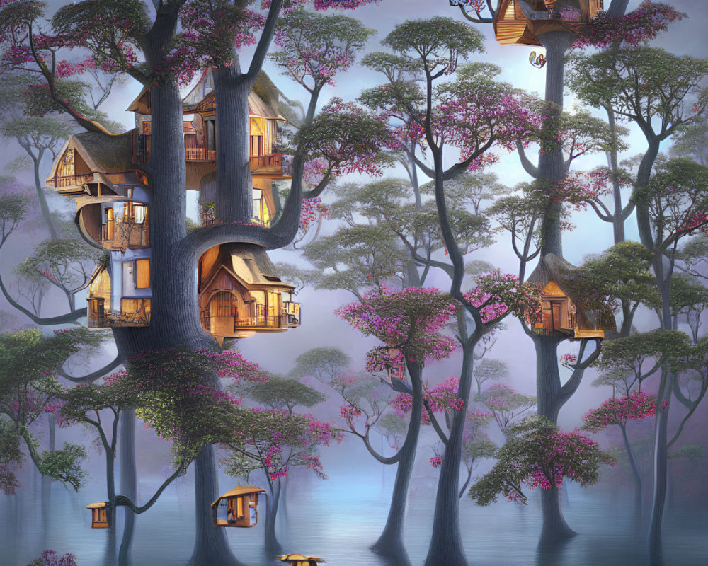 Intricate Fantasy Treehouses Among Pink Blossoms and Misty Waters