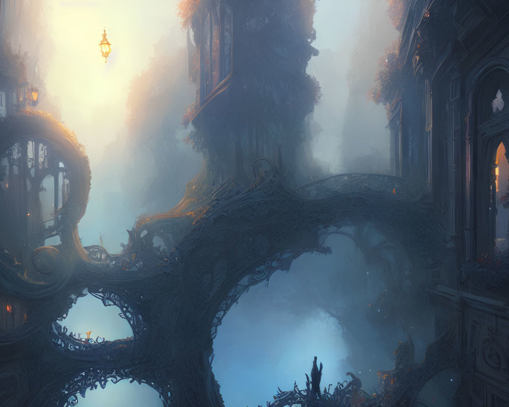 Ornate, intertwined cityscape in soft sunlight and fog