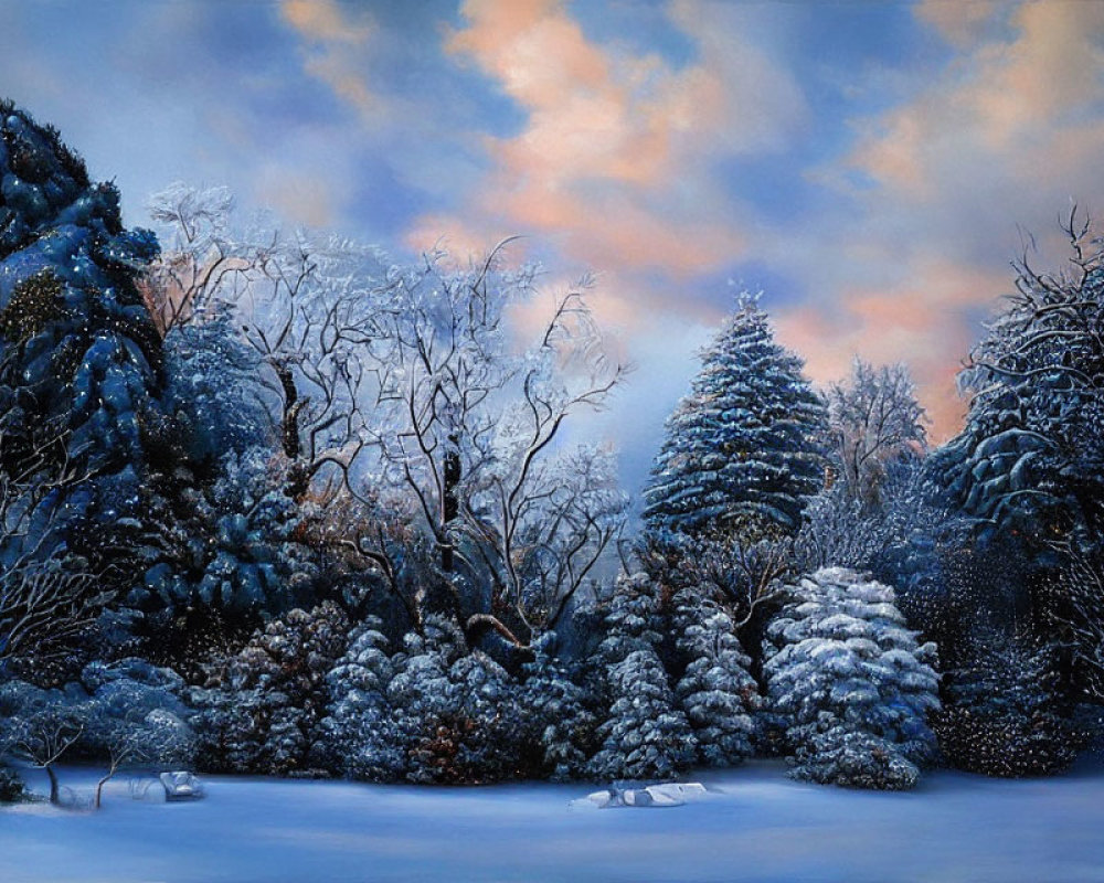 Winter landscape with snow-covered trees under twilight sky.