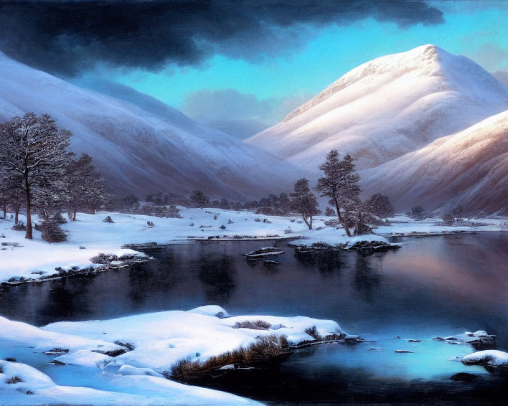 Snow-covered hills, evergreen trees, and calm lake in serene winter landscape