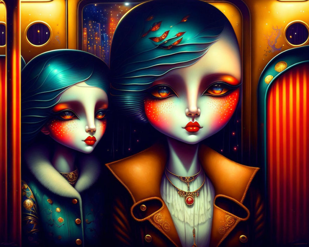 Stylized female figures with ocean-themed hair in vibrant makeup on surreal backdrop