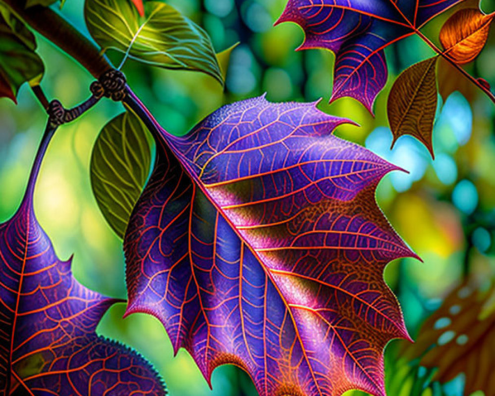 Colorful Blue, Purple, and Orange Leaves with Vein Patterns on Green Background